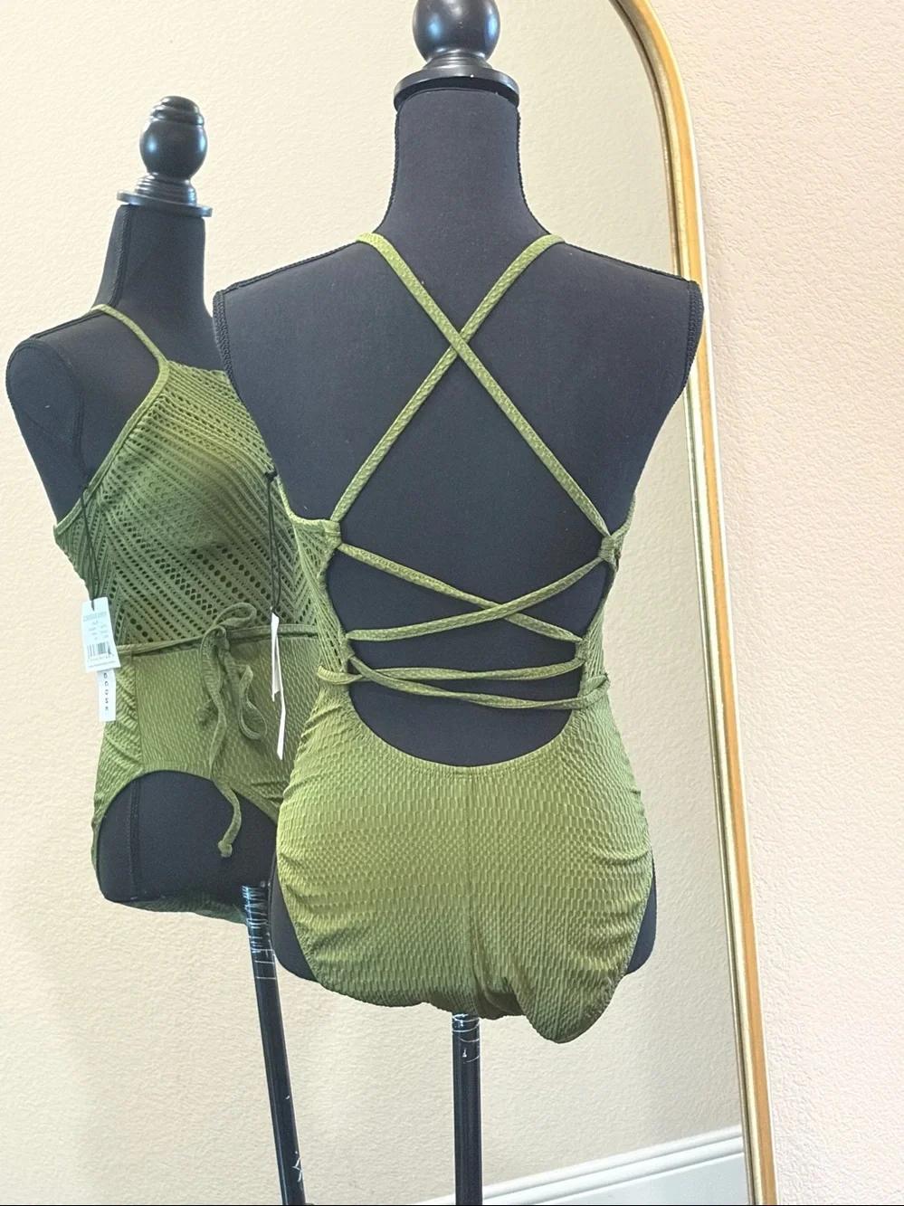 Robin Poccone Chic Green Crochet One-Piece Swimsuit Size 10